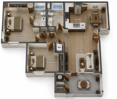 Floor plan for 2 beds, 2 baths, 858 sqft